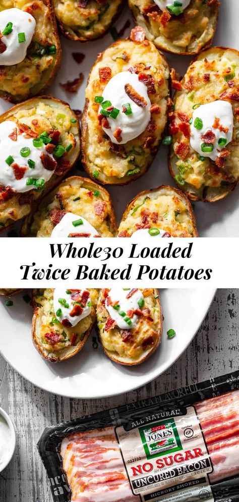 It’s all the delicious comfort of classic twice baked potatoes, made Whole30 friendly! Potato skins are loaded with a creamy mixture of mashed potatoes, bacon, scallions and even a dairy free sour cream. Great as a side dish or full meal, perfect to prep ahead of time too and easy to reheat! #paleo #whole30 #cleaneating Gf Df Side Dishes, Whole 30 Potatoes, Healthy Potato Skins, January Reset, Dairy Free Sour Cream, Bbq Chicken Bites, Paleo Ideas, Gf Meals, Whole 30 Meal Plan