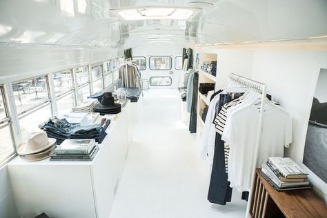 Buck Mason Converted a Vintage School Bus Into Gorgeous Mobile Retail Space. A master class in smart shopping. Omgebouwde Bus, Converted School Bus, Ford Interior, Buck Mason, Interior Design School, Affordable Interior Design, Mobile Boutique, Vintage School, Mobile Shop