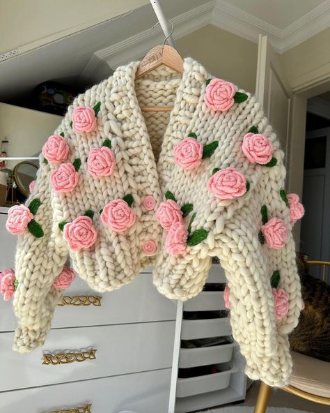 Daily Crochet and knitting | Crochet flower cardigans🌺 1, 2, 3, or 4? • which is your fav❓ @brilliantknits - daily crochet art🧶 Artist: @leilayca | Instagram Clowncore Clothes, Art Cardigan, Knitting Things, Crochet Sweater Design, Rose Patterns, Soft Art, Flower Cardigan, Rose Cardigan, Design Jacket