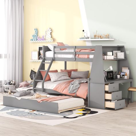 PRICES MAY VARY. Bellemave Twin over Full Bunk Bed with Trundle and Built-in Desk, Three Storage Drawers and ShelfWhether your little ones share a room or it's just for one who loves sleepovers, this wood bunk bed is the perfect pick.It features a twin over full design connected by a built-in desk and storage drawers on the side.A modern addition to your ensemble, this bunk bed offers slatted paneling and a modern finish. This piece includes one under-bed trundle, attached with a built-in desk a Teen Room Bunk Beds, Trundle Bunk Bed Ideas, Bunk Beds For Teen Girls Room, Full Twin Bunk Beds, Bedroom Ideas 3 Beds, 3 Girls Shared Bedroom, Shared Girls Room Bunk Beds, Bunk Beds For Girls Room Teenagers, Bunkbed Girls Room Ideas