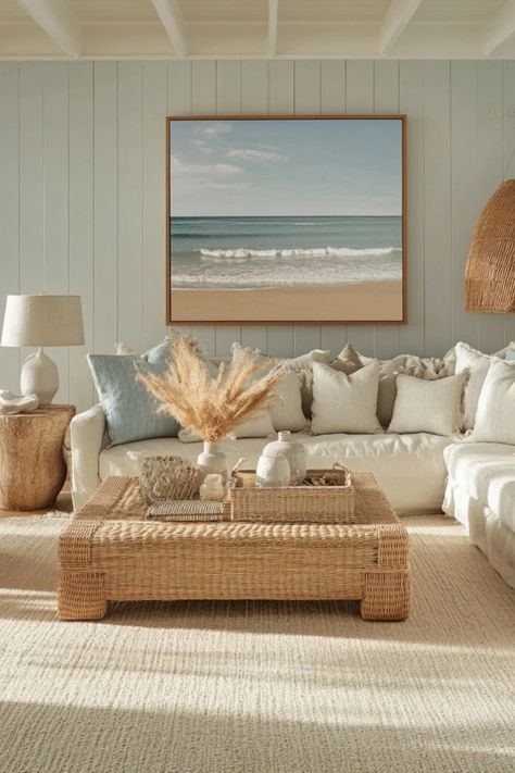 A serene room styled with coastal neutrals promoting a breezy and inviting home decor aesthetic using one image. Interior Design Coastal, Calming Coastal, Sand Sea, Woven Baskets, Neutral Color Palette, Reflective Surfaces, Neutral Palette, Beach Themed, Coastal Living