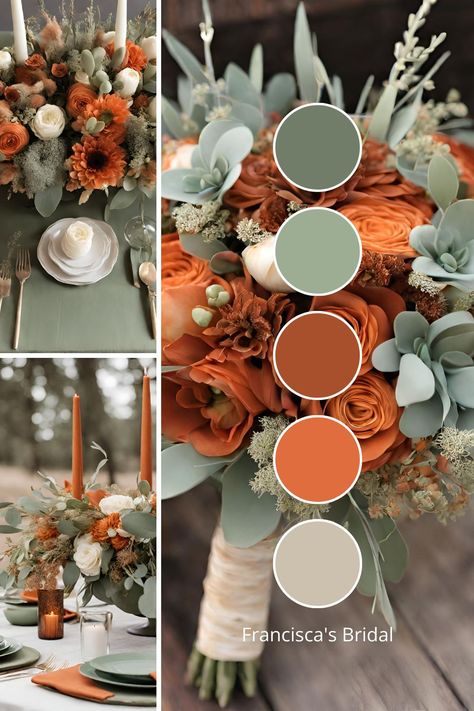 10 Stunning Orange Wedding Color Palette Ideas for Your Special Day - Francisca's Bridal Spring Wedding Burnt Orange, Sage And Orange Wedding Colors, Orange Wedding Colors Summer, Copper Spring Color Palette, Summer Wedding Schemes Colour Palettes, Tangerine Wedding Colors, Burnt Orange Wedding Palette, Burnt Orange Spring Wedding, Burnt Orange Color Palette Wedding