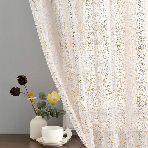 White and Gold Sheer Curtains - Metallic Sparkle Gold Sheer Curtains 84 Inch Length for Living Room, Rod Pocket Privacy Glitter Sheer Window Curtains, 52 x 84 Inch, 2 Panels, Gold and White Gold And White Curtains, Gray Sheer Curtains, Kitchen Window Curtains, White Sheer Curtains, Curtain Length, Gold Curtains, Sheer Curtain Panels, Drape Panel, Beautiful Curtains