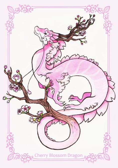 "Cherry Blossom Dragon - found in \"A Pocket Field Guide to Botanical Dragons - Volume 2\" Printed on A5 (8.3\"x5.8\") 170gsm paper with a smooth matte finish. Original piece was done with markers and black ink." Cherry Blossom Dragon, Cherry Blossom Drawing, Cute Dragon Drawing, Dragon Puppet, Cherry Blossom Art, Anime Crafts, Dragon Artwork, Cute Dragons, Dragon Drawing