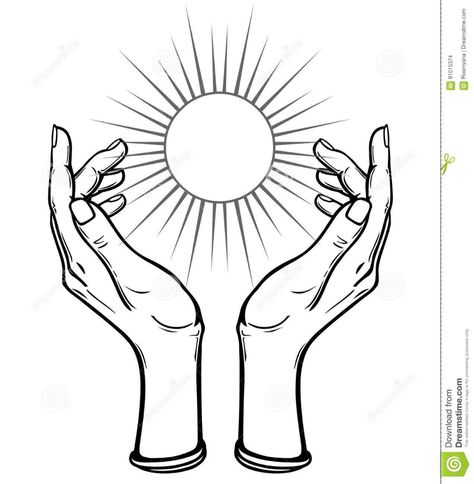 Open Hands Tattoo Design, Hands Holding Something Tattoo, Hands Holding Sun Tattoo, Magic Hands Tattoo, Giving Hands Drawing, Two Hands Holding Something, Hands Drawing Tattoo, Humanity Symbol, Tattoo Of Hands Holding Something