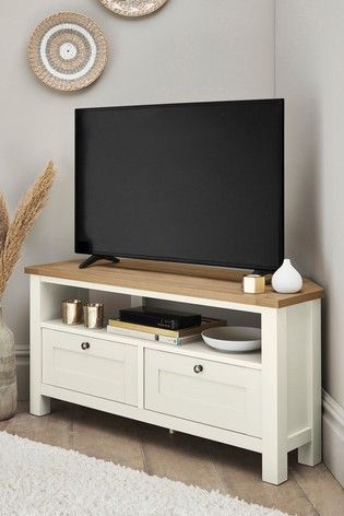 Malvern Corner TV Stand Oak Tv Corner Unit, Tv Over Cabinet, Corner Tv Living Room Layout Mounted Tv, Living Room Designs Corner Tv, Tv Stand For Bedroom Small Spaces, Living Room With Corner Tv, Corner Tv Cabinet Ideas, Corner Tv Stand Ideas Living Rooms, Tv Corner Unit Ideas