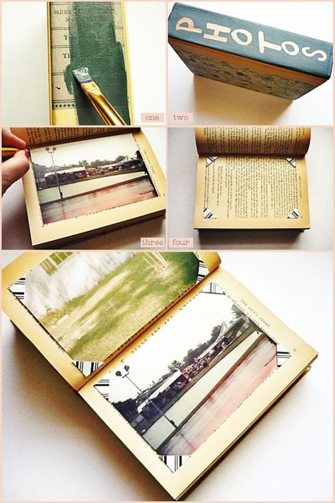 If your collection of old books is starting to get out of hand, here’s an idea for how you can use them up! This tutorial over at Making Lovely shows the steps for creating a photo album from… Make A Photo Album, Diy Buch, Diy Photo Book, Recycled Book, Crochet Geek, Photo Corners, Inside And Outside, Album Book, Book Projects