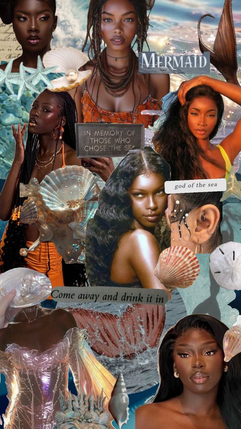 Little mermaid #ocean #siren #mermaid #ariel #mermaidcore #sea #ethereal Ocean Siren Aesthetic, Siren Black Women, Mermaidcore Black Women, Siren Style Aesthetic, How To Be A Siren, Mermaid Aesthetic Hair, Mermaid Vibes Outfit, Siren Collage, Siren Outfit Aesthetic