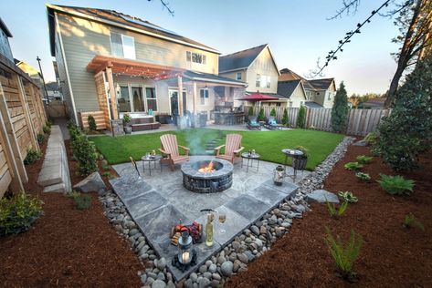 Fire Pit Circle, Pergola Kitchen, Hot Tub And Fire Pit, Oregon Backyard, Backyard Remodel, Garden Makeover, Pergola With Roof, Backyard Retreat, Backyard Living