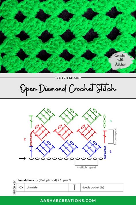 Open Diamond Crochet Stitch | Crochet with Aabhar | Aabhar Creations Crochet Stitch Chart, Diamond Crochet, Crochet Yarns, Crochet Stitches Chart, Crochet Charts, Crochet Stitches Guide, Crochet Needlework, Crochet Stitches Diagram, Crochet Stitches Free