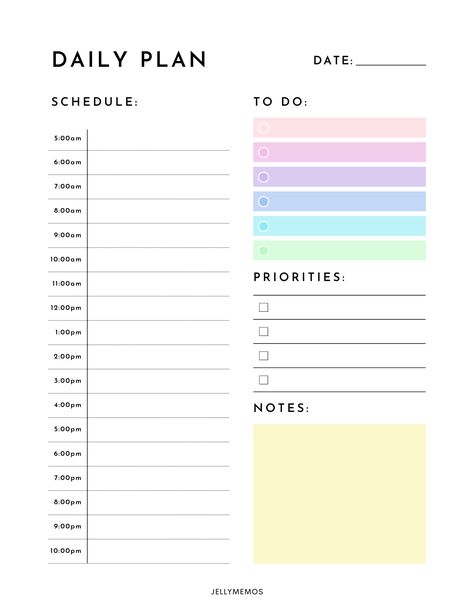 Daily planner page that says "Daily plan" at the top left. 5am to 10 am hourly schedule on the left side. To do, priorities and notes areas on the right side. Printable Daily Planner Pages, Free Printable Daily Planner, Rutinitas Harian, Day Planner Template, Daily Planner Printables Free, Daily Routine Planner, Study Planner Printable, To Do Planner, Daily To Do List