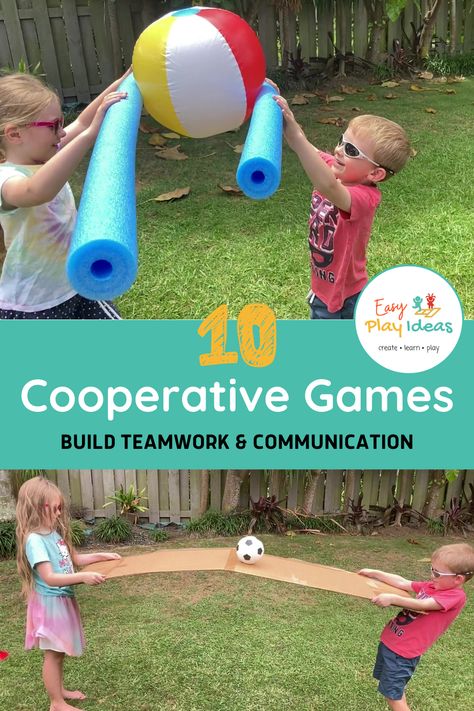 Foster teamwork and collaboration with our collection of 10 engaging cooperative games for kids!  From classic teamwork games like a three-legged race to creative communication games like tower building, there's something for everyone to enjoy. Watch as kids work together, problem-solve, and celebrate each other's successes in these interactive and inclusive games. These games so versatile and could be used as classroom warm-ups or backyard family bonding. Summer Camp Team Building Games, Teamwork Pe Games, School Age Games Daycare, Kindergarten Teamwork Activities, Kid Group Activities, Elementary Team Building Games, Cooperative Games For Kindergarten, Teamwork Games For Preschoolers, Team Work Activities Kids