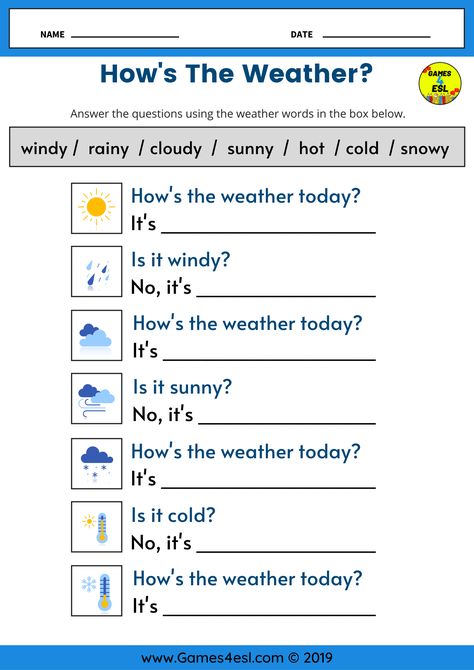 This ESL worksheet is for teaching weather vocabulary to kids and beginner English language learners.   Students should fill in the blank space with the correct weather word Weather Esl, Esl Worksheets For Beginners, Weather For Kids, English Conversation For Kids, Teaching Weather, Weather Worksheets, Weather Vocabulary, Teach English To Kids, Weather Words