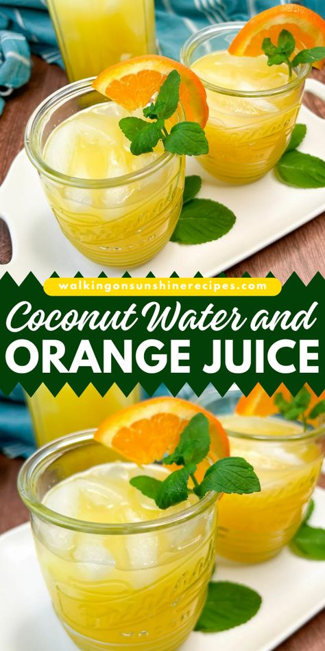 Beat the heat and quench your thirst with this refreshing Coconut Water and Orange Juice drink! Juicing Recipes With Coconut Water, Orange Juice And Coconut Water, Ways To Drink Coconut Water, Smoothie Recipes With Coconut Water, Juicer Ideas, Coconut Water Drinks, Coconut Water Recipes, Orange Juice Drinks, Breastfeeding Foods