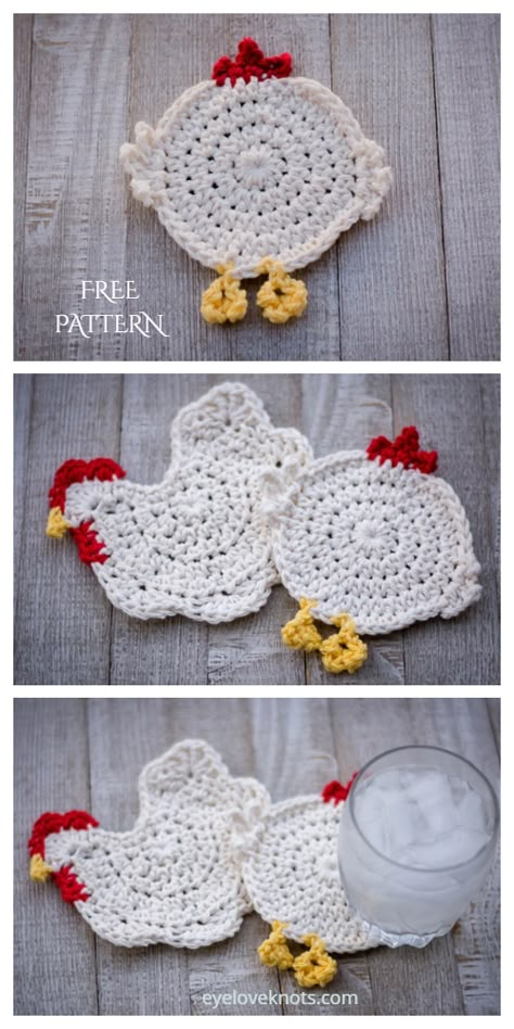 Chicken Potholders Crochet Free Pattern, Crochet Chicken Coasters Free Pattern, Crochet Chicken Potholder Free Pattern, Free Crochet Chicken, Crochet Chickens, Crocheted Placemats, Chicken Patterns, Chicken Items, Chicken Crochet