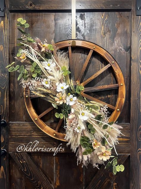 Pampas Grass Eucalyptus Farmhouse Wreath, Wagon Wheel Wreath, All season Evergday Country Wall Decor Wreath, Grass Wreath for Front Door Caution: Made with dried pampas grass which breaks easily and sheds. Wheel is 24 inches in diameter. Dried Grass Wall Decor, Wagon Wheel Decor Indoor, Wagon Wheel Wall Decor, Wagon Wheel Wreath, Wagon Wheel Decor, Wheel Wreath, Outdoor Hobbies, Antler Decor, Cowboy Decor