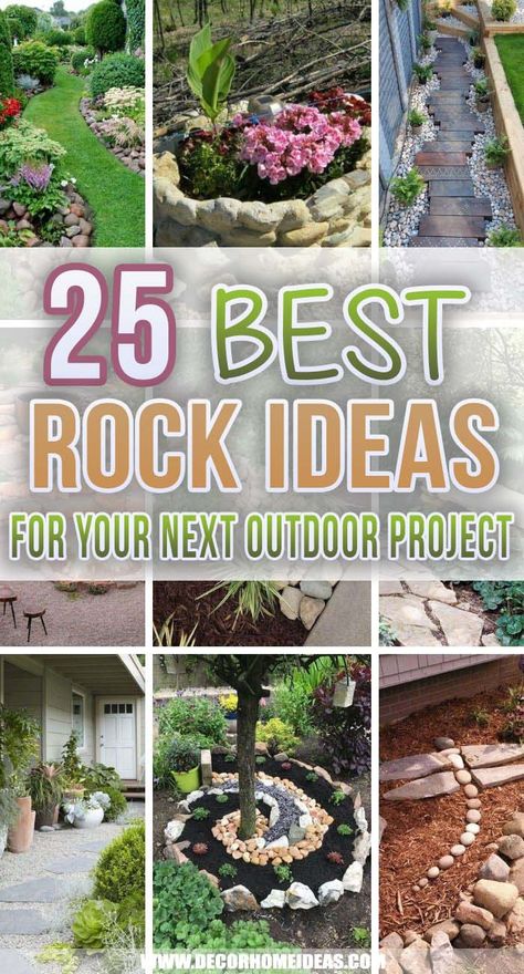 Best Rock Ideas For Your Next Outdoor Projects. Get inspired with these awesome rock ideas for your next outdoor project. Make your garden more appealing by adding some rocks and boulders. #decorhomeideas Landscaping Rocks Ideas, Rock Flower Walkway, Rock Designs For Gardens, Yard Ideas With Rocks, Outside Rock Landscaping, How To Stack Rocks For Landscaping, Garden With Rocks And Pots, Small Rock Gardens With Plants, Rocky Yard Landscaping