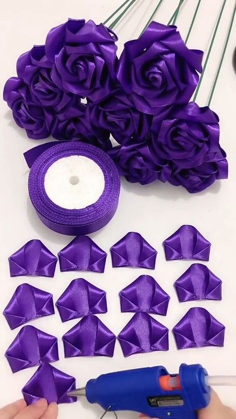 ribbon rose for you #handmade #craft #foryou #DIY #rose #beauty #purple😍🌷🌹🌺🌸😍👍👍 | DIYGlobal | The K Club · Can't Decide (feat. Jacquire King, Stephan Sharp) Ribbon Arts And Crafts, Purple Ribbon Flower Bouquet, Ribbon Roses Bouquet For Boys, Ribbon Craft Ideas, How To Make A Ribbon Flower, Purple Ribbon Bouquet, Ribbon Bouquet Diy, Ribbon Roses Bouquet, Purple Roses Bouquet