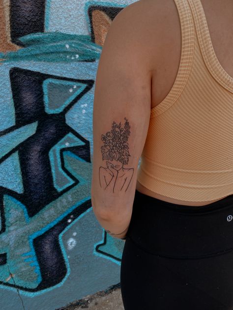 Headless Woman Tattoo, Blooming Head Tattoo, Tattoo Head With Flowers, Women With Flower Head Tattoo, Women Growth Tattoo, Flowers Coming Out Of Head Tattoo, Still Growing Tattoos For Women, Flower Hair Tattoo, Growing Pains Tattoo