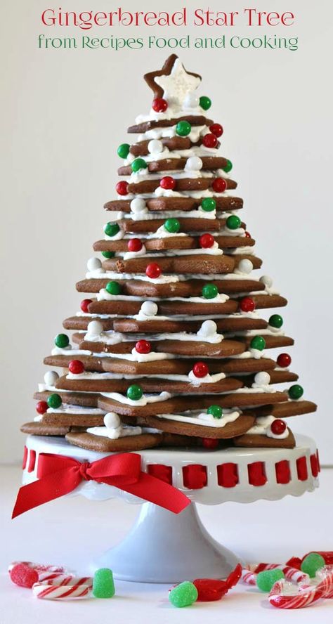 Gingerbread Christmas Tree Gingerbread Star Tree, Star Christmas Tree Cookies, Christmas Tree Cookie Tower, Ginger Bread Tree, Royal Desserts, Candies Recipes, Christmas Tree Food, Red Desserts, Sanding Sugar