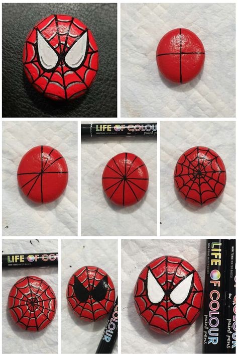 15+ Very easy rock painting tutorials, beginners to advanced - Life of Colour Painted Rocks Spiderman, Paint Pen Rock Art, Mm Rock Painting, Thing To Paint On Rocks, Spider Man Painted Rocks, Rock Painting Spiderman, Dog Painted Rocks Easy, Spider Man Rock Painting, Red Rock Painting