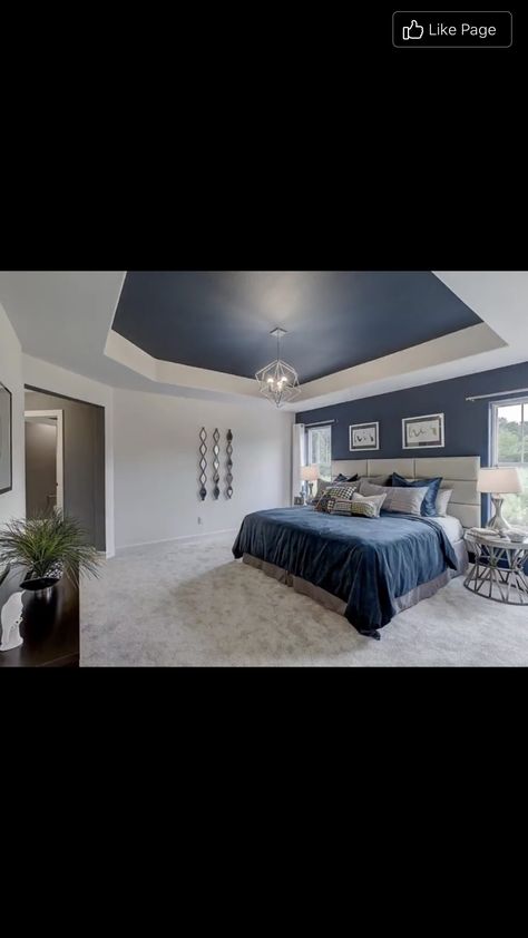 Navy Bedroom Ceiling, Navy Blue Tray Ceiling, Blue Tray Ceiling, Navy Blue Walls And Ceiling, Dark Tray Ceiling Bedroom, Navy Blue Ceiling Bedroom, Tre Ceiling Paint Ideas, Dark Blue Ceiling Bedroom, Grey And Blue Bedroom Master Accent Walls