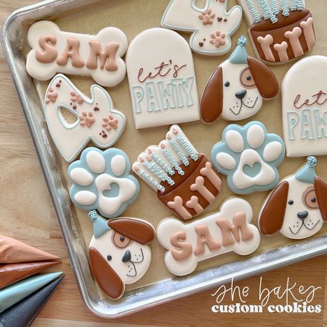 Lets Pawty Birthday Cookies, Dog Themed Birthday Party Cookies, 1st Birthday Cake Puppy Theme, Puppy Shaped Cookies, Two Let The Dogs Out Party Cookies, Puppy Theme Cookies, Dog Birthday Party Cookies, Puppy Birthday Party Cookies, Dog Themed Cookies Royal Icing