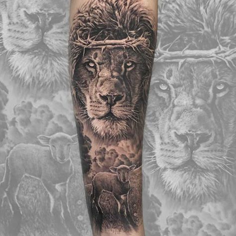 Lion And The Lamb Tattoo, Christian Tattoos For Women Sleeve, Mens Christian Tattoos, Lion And Lamb Tattoo, Lion Of Judah Tattoo, Christian Tattoos Men, Lamb Tattoo, Lion Forearm Tattoos, Tree Sleeve