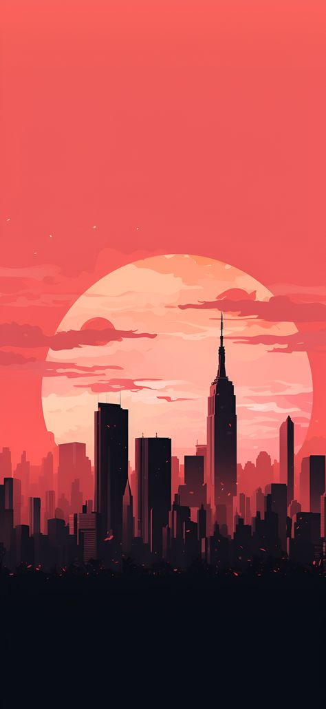 A minimalist aesthetic New York City skyline wallpaper with vibrant coral hues, creating a lively and contemporary backdrop for an iPhone or Android device. New York City Wallpaper, Minimalist Backgrounds, Nice Backgrounds, Aesthetic New York City, 80s Aesthetic Wallpaper, Wallpapers 4k Hd, New York Sunset, Aesthetic New York, Simplistic Wallpaper