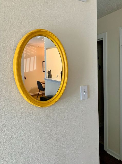 Yellow oval mirror Oval Mirror Diy, Oval Mirror Decor, Yellow Bedroom Walls, Yellow Mirror, Yellow Wall Decor, Retro Games Room, Yellow Mirrors, Thrifted Items, Circle Mirror