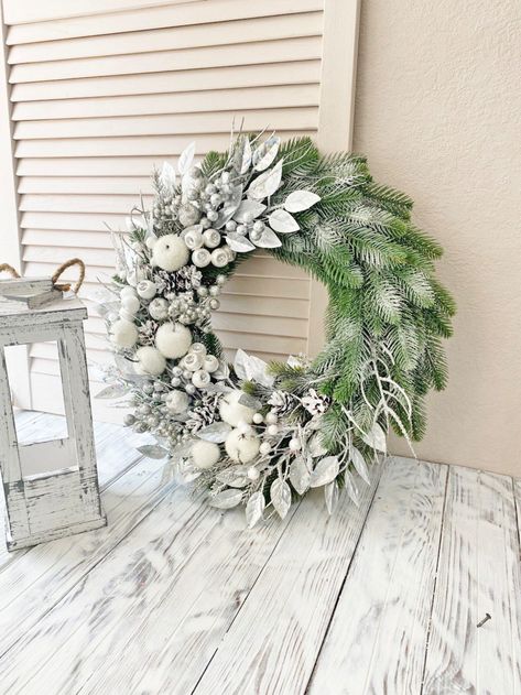 Winter Wreath for Front Door Silver White Wreath Holiday - Etsy Canada White Christmas Door Wreath, Christmas Wreaths Artificial, Modern Xmas Wreaths For Front Door, White Xmas Wreaths For Front Door, Decorated Wreaths Christmas, Snowy Christmas Wreath, White Winter Wreaths For Front Door, White Christmas Wreaths For Front Door, Silver Wreath Christmas