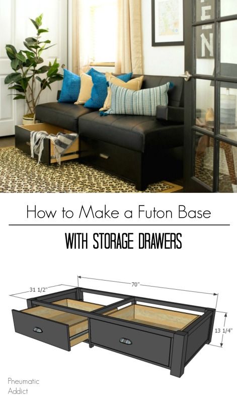 How to give your futon a major upgrade by building a custom wood base with storage drawers Couch Storage, Futon Makeover, Woodworking Decor, Diy Futon, Futon Living Room, Futon Decor, Futon Bedroom, Murphy Bed Plans, Futon Frame