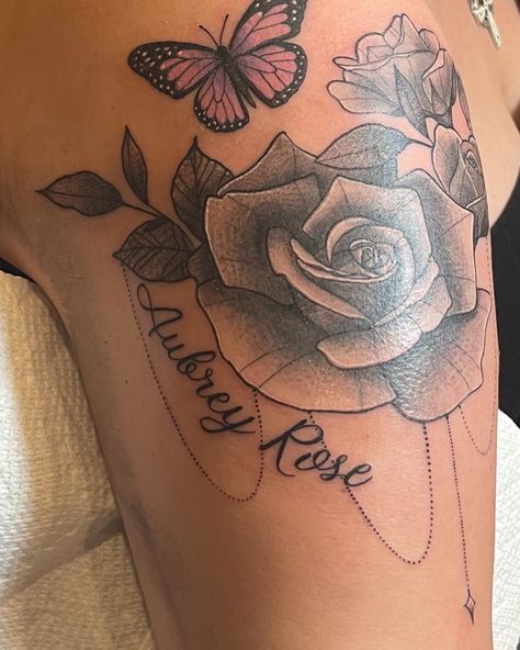 Flowers Around Name Tattoo, Flower Name Tattoo, Name Flower Tattoo, Name Tattoos On Arm, Rose And Butterfly Tattoo, Birth Flower Tattoos, Tattoos For Black Skin, Flower Names, Name Tattoo