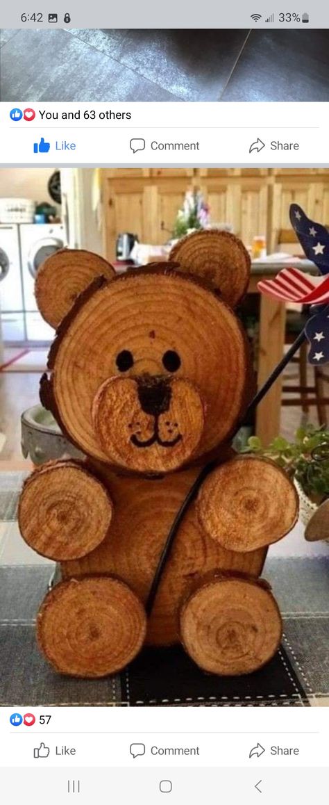 Wooden Christmas Bears, Wood Crafts From Tree Logs, Wood Slice Animals, Log Animals Diy, Wood Bear Crafts, Round Wood Slices Ideas, Diy Bear Decor, Wood Slabs Ideas Tree Slices, Log Crafts Diy