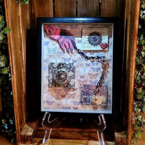 Steampunk Shadow Box for a wall or table decor. Find it at KatsSteampunk Rewind on Etsy. Handmade Wall Decor, Wall Table, Curio Cabinet, White Crystals, Wooden Heart, Chain Silver, Hand Chain, Wooden Hearts, Home Wall Decor