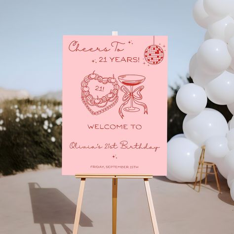 🎉 Customizable 21st Birthday Welcome Sign Template Editable via Canva 🍾 Celebrate your milestone 21st birthday with a stylish and unique welcome sign that will leave a lasting impression on your guests! Our editable Canva template features a chic hand-drawn design, perfect for setting the tone of your unforgettable 21st birthday party. 🥂 ✨ Features: - Chic Hand-Drawn Design: Our trendy and unique hand-drawn artwork adds a touch of elegance and fun to your birthday celebration. - Editable via Canva: Easily customize the text to match your party details, colors, and style using Canva's user-friendly interface. - Three Size Options: Choose the perfect size for your venue with our 8x10", 18x24", and 24x36" options. - Digital Download: Instant access to your template so you can start customi Luna Montana 21st Birthday, 21st Birthday Entrance Ideas, 21 Birthday Decorations Ideas, Ballon Arch 21st Birthday, 21st Birthday Colour Scheme, 21st Birthday Party Venue Ideas, 21 Bday Backdrop, 21st Birthday Welcome Sign, 21st Welcome Sign