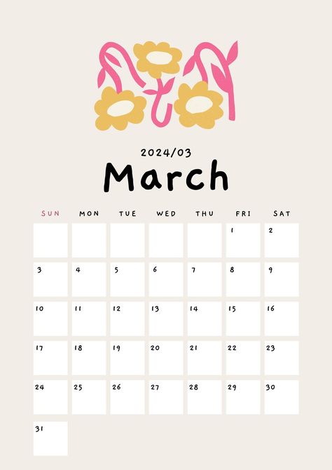 Beige Cute Playful Organic Flower Illustration 2024 Calendar A4 Document - Templates by Canva Calender Template, Exam Planner, 2024 Monthly Calendar, Illustrated Flowers, March Calendar, Illustration Calendar, Free Printable Calendar Templates, Bullet Journal Ideas Templates, A4 Document