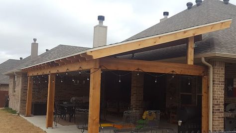 Hip Roof Front Porch Ideas, Patio Add On To House, Backyard Patio Addition Ideas, Back Patio Extension Ideas Diy, Sloped Roof Pergola, Corrugated Metal Patio Cover, Patio With Hot Tub Ideas, Diy Covered Patio Attached To House, Lean To Patio Cover