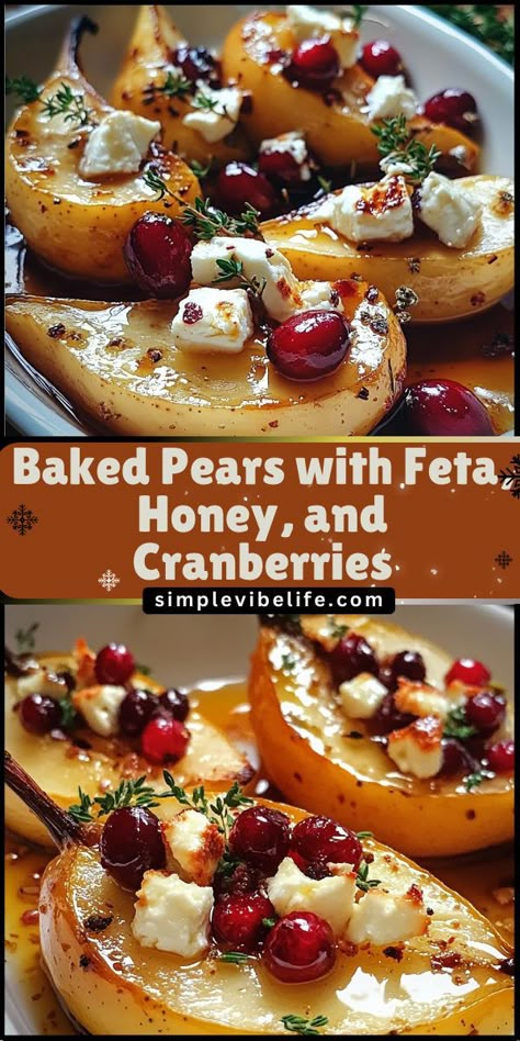 Treat yourself to our delightful Baked Pears with Feta, Honey, and Cranberries! This easy-to-make dessert combines sweet, tender pears with creamy feta cheese, drizzled with honey and topped with tart cranberries for a perfect balance of flavors. Ideal for holiday gatherings or a cozy night in, discover how to create this elegant and delicious dish that will impress your guests! Feta Honey, Honey Appetizers, Fancy Appetizer Recipes, Pear Salad Recipes, Cranberry Baking, Pear Dessert, Gourmet Appetizers, Baked Pears, Fancy Appetizers