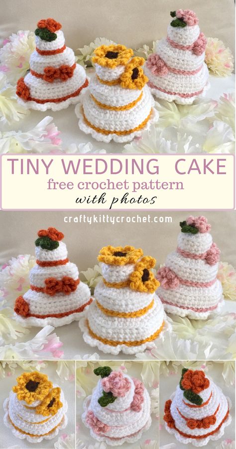 What better way to celebrate the big day than with a tiny crocheted wedding cake? These little cakes are easy and fun to make, and this free pattern has lots of photos to guide you! These would make a great gift for the bride and groom to be in your life. They would also make great wedding favors – what a fun and personalized gift for your wedding guests! The possibilities are endless! Crochet Wedding Shower Gifts, Crochet Wedding Present Ideas, Free Crochet Cake Patterns, Wedding Gift Crochet Ideas, Crochet Mini Cake Free Pattern, Crochet Cake Pattern Free, Wedding Crochet Ideas, Birthday Crochet Patterns Free, Cake Crochet Pattern Free