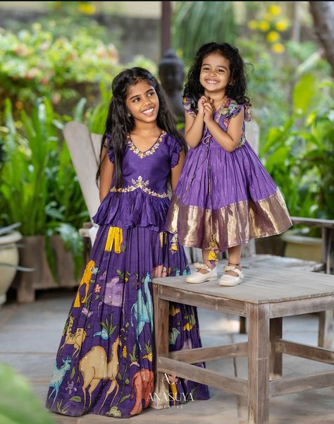 Traditional Frocks For Kids, Pattu Langa Designs For Kids, Kalamkari Dresses For Kids, Kids Langa Voni, Girls Lehenga Designs, Langa Blouse For Kids, Kids Lehanga Design, Long Frocks For Kids, Pattu Langa