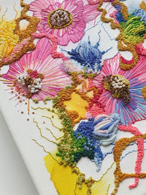 Viola Two – The Broderers' Exhibition: The Art of Embroidery Embellished Clothing Diy, Abstract Flower Embroidery, Embroidery Trends 2024, Modern Embroidery Ideas, Stitching On Canvas, Embroidery Runway, Beads On Canvas, Embroidery On Canvas, Embroidery Artists