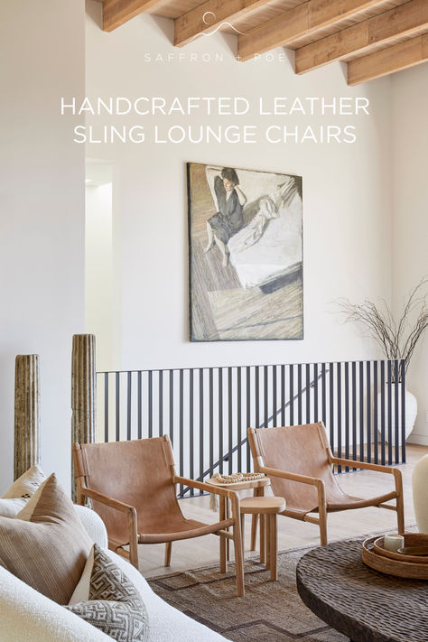 Leather Sling Chair Living Room, Cowhide Lounge Chair, Sling Chairs Living Room, Kangaroo Chair Living Room, Sling Back Chair Living Room, Modern Spanish Decor Living Room, Sling Chair Living Room, Natural Minimalist Home Decor, Leather Chairs Sitting Room