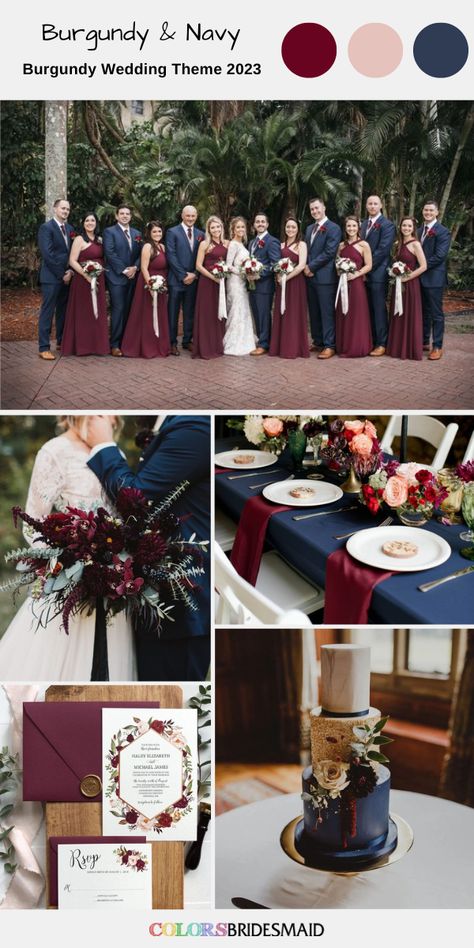 Navy Blue Wedding Theme, Burgundy Wedding Theme, Navy And Burgundy Wedding, Navy Wedding Colors, Wedding Theme Color Schemes, Burgundy Wedding Colors, Dark Blue Wedding, Burgundy And Blush Wedding, Fall Wedding Color Schemes