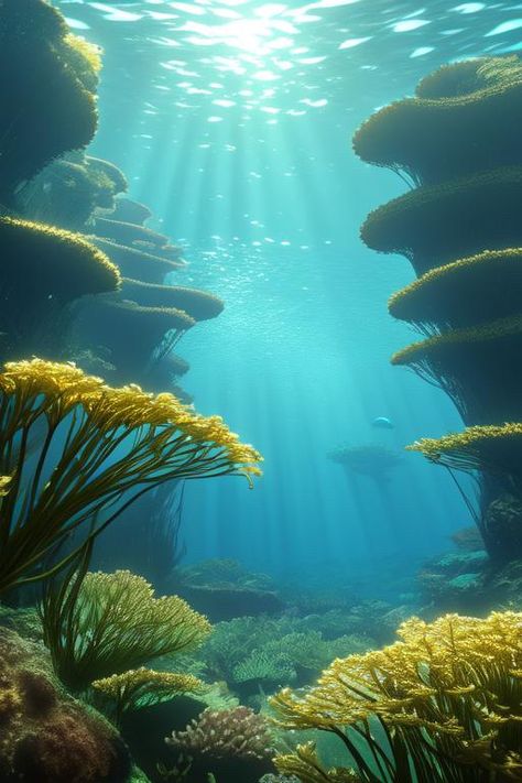 Underwater Kelp Forest, Cool Underwater Pictures, Underwater Landscape Photography, Underwater Forest Art, Kelp Forest Wallpaper, Under The Ocean Art, Underwater Photography Nature, Ocean Scenes Underwater, Kelp Forest Art