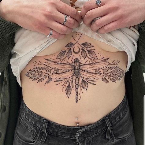 Art Nouveau Tattoo Sternum, Dragonfly Sternum Tattoo, Modern Tramp Stamp, Sternum Tattoo Ideas, Wicca Tattoo, Tattoo Under Breast, Sternum Tattoos, Sternum Tattoo Design, Tato Paha