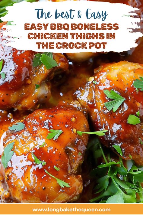 Bbq Chicken Thighs Crockpot, Bbq Boneless Chicken Thighs, Boneless Chicken Thighs Crockpot, Baked Boneless Chicken Thighs, Crockpot Chicken Thighs, Bbq Chicken Thighs, Bbq Chicken Crockpot, Tangy Bbq Sauce, Quick Chicken Recipes