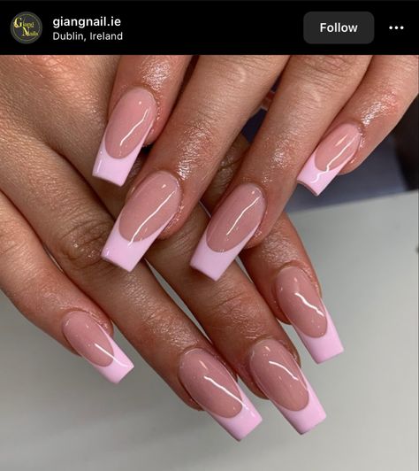 Coffin Acrylic Nails French Tip Pink, Pink French Tip Nails Rhinestones, Simple Pink Nails Coffin, Pastel Pink French Tip Nails Square, Pastel Pink Nails French Tip, Cute Pink Nails French Tip, Light Pink French Tip Nails With Design, Acrylic Nails With Pink Tips, Clear Nails With Pink Tips