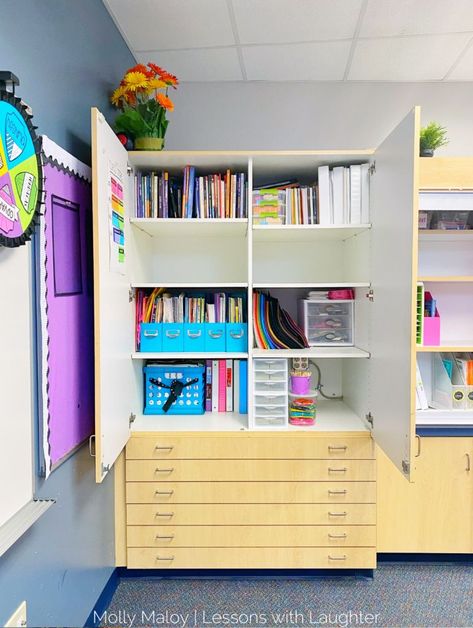 I LOVE being organized, but I'm not a naturally organized person, which can make classroom organization challenging! Can you relate? In this post I'm sharing some of my favorite organized spots in my classroom and the supplies and systems that help me keep them semi-organized throughout the year! Organizing Classroom Cabinets, Classroom Storage Cabinet, Classroom Shelf Organization, Teacher Cabinet Organization, Classroom Cabinet Organization, Classroom Closet Organization, Classroom Cabinets, Classroom Floor Plan, Classroom Organization Ideas