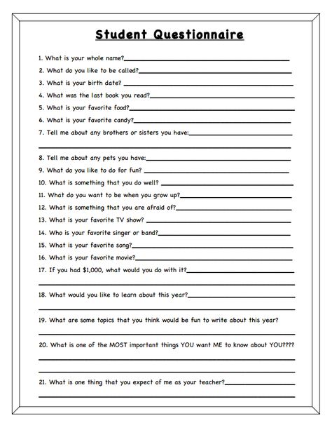 Student Questionnaire.pdf Questions For High School Students, Student Questionnaire, Art Questions, Health Worksheets, Zebra Room, Student Survey, Beginning Of Year, First Day Of School Activities, Beginning Of The School Year